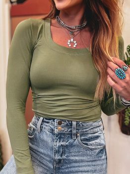 Laurel Green Solid Color Long Sleeve Fitted Top
