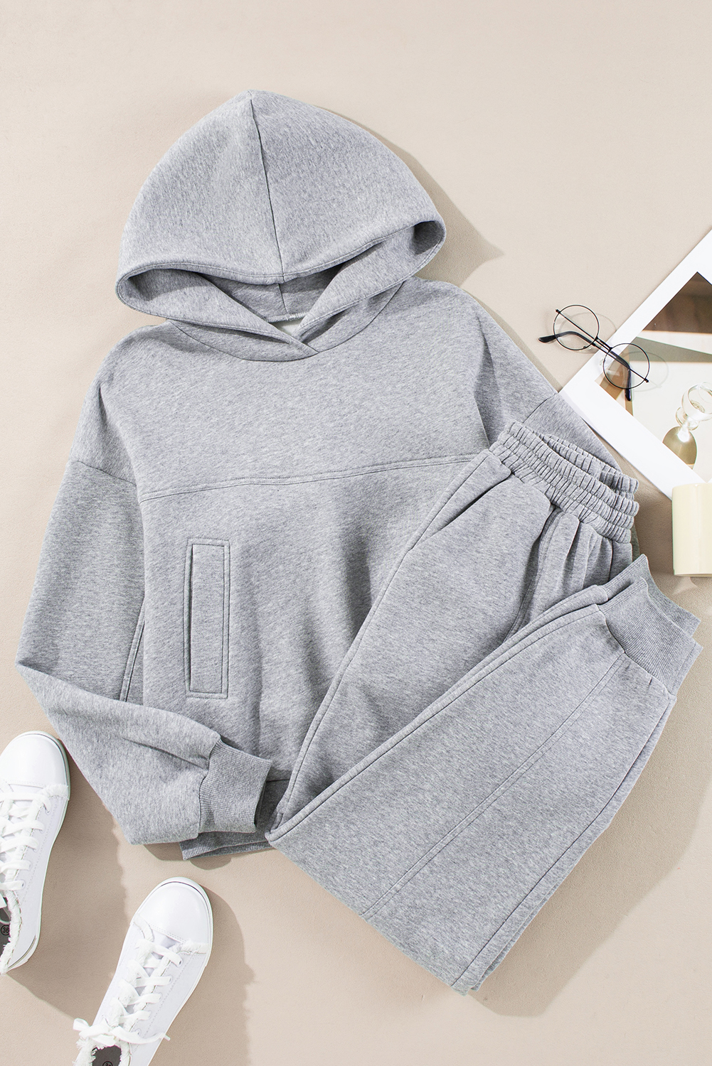 Gray Solid Exposed Seams Hoodie and Joggers Activewear Set - Image 7