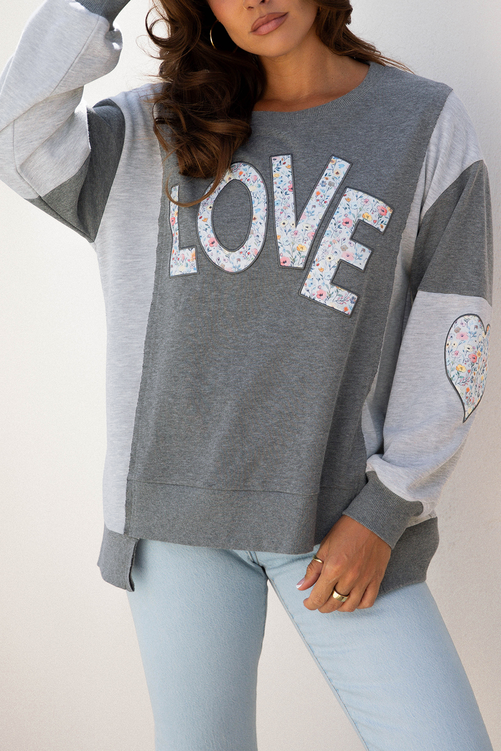 Dark Grey LOVE Graphic Exposed Seam Patchwork Uneven Hem Chic Sweatshirt - Image 12