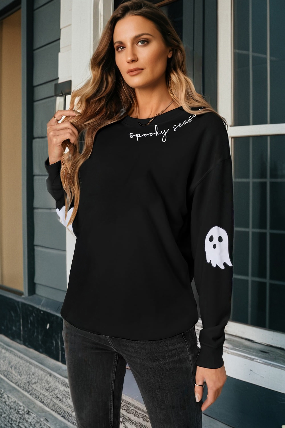 Black Spooky Season Halloween Ghost Printed Drop Shoulder Sweatshirt - Image 2