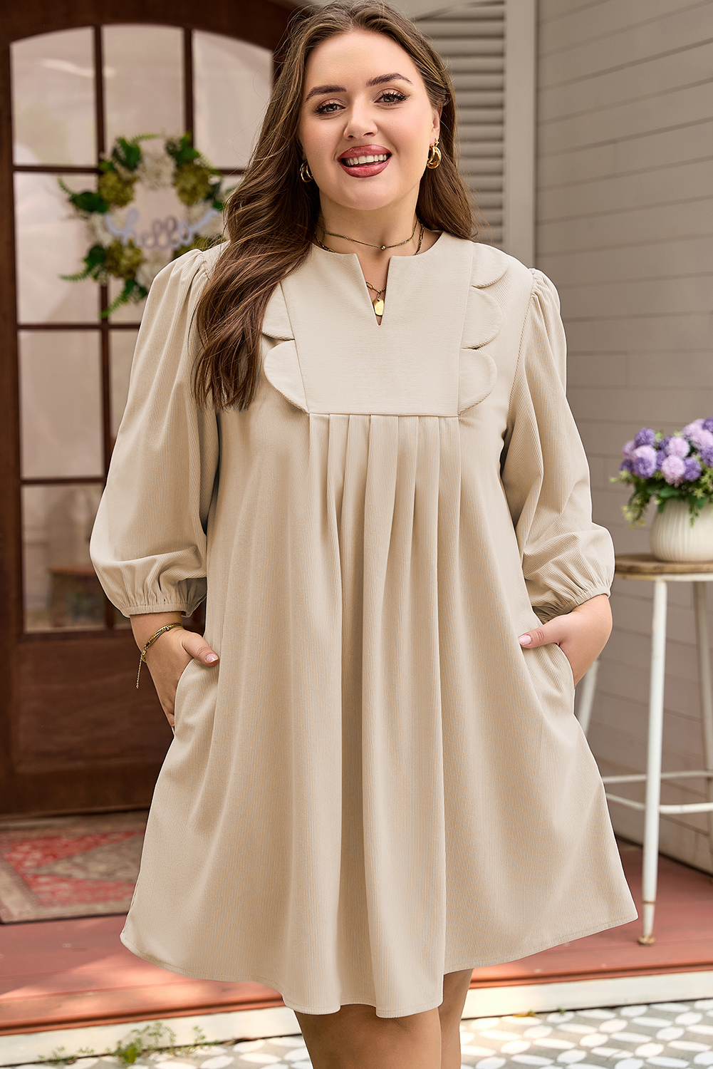 Parchment Notched Neck Scallop Detail Plus Size Mini Dress - Image 7