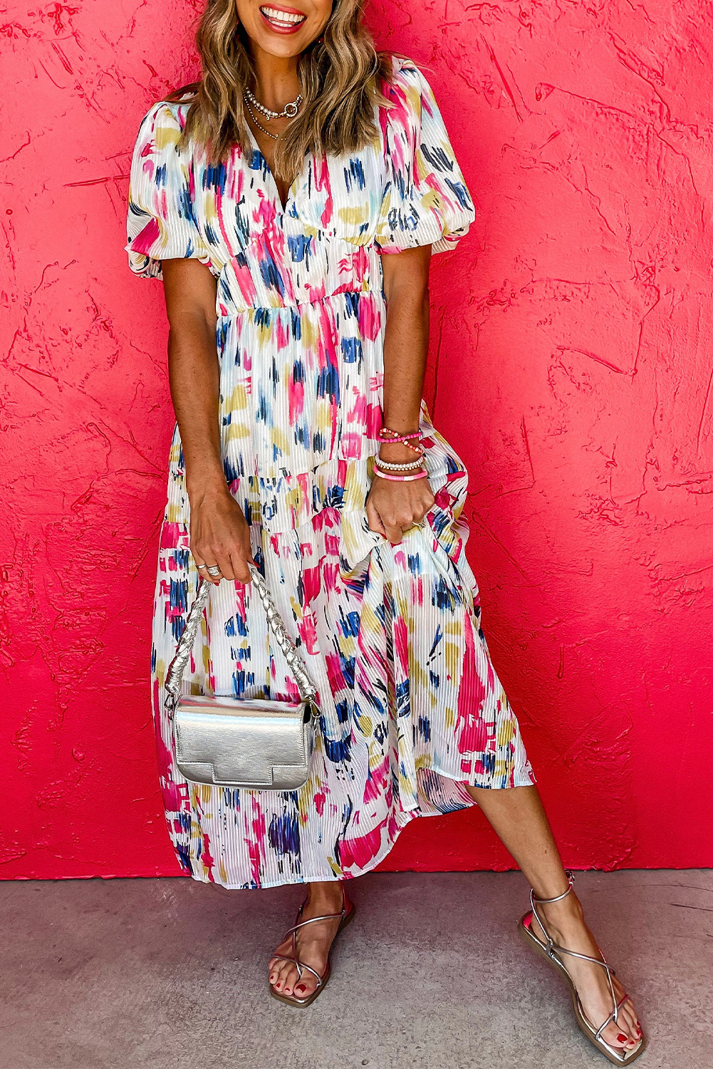 Rose Abstract Print Short Puff Sleeve Tiered Maxi Dress - Image 7