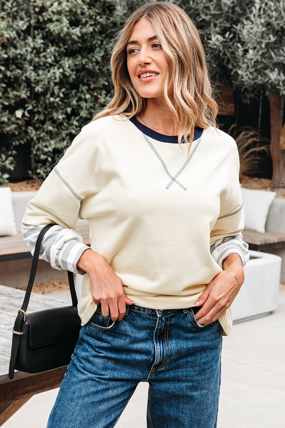 Beige Striped Patchwork Long Sleeve Round Neck Two-in-one Top - Image 4