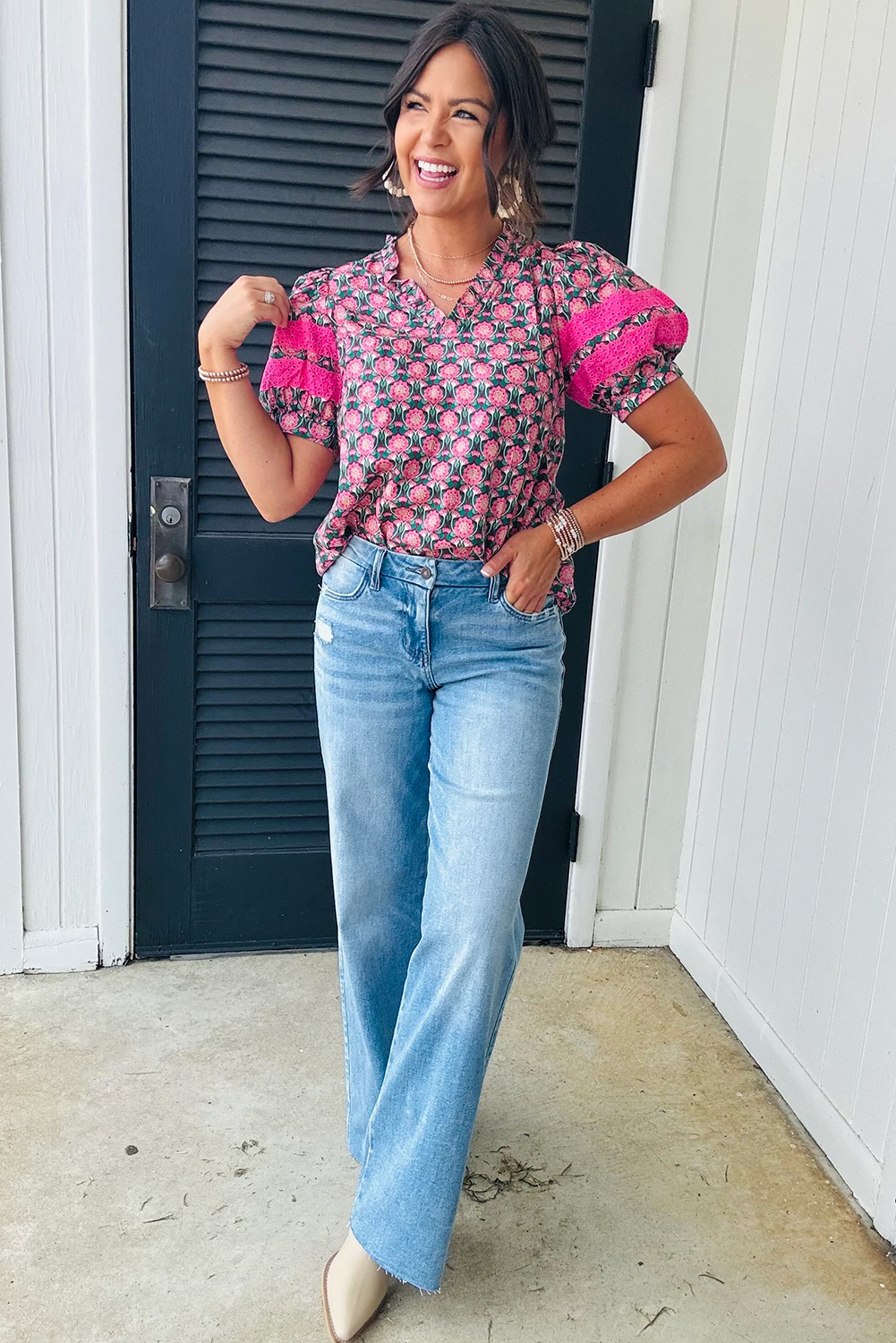 Sachet Pink V-Neck Ruffle Abstract Floral Print Puff Sleeve Top - Image 4