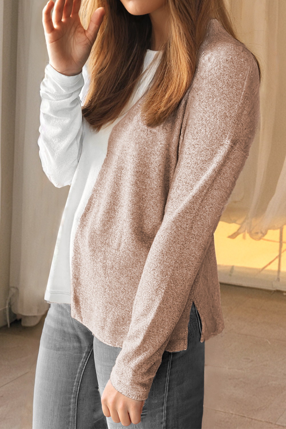 Khaki Colorblock Long Sleeve Crew Neck Top - Image 4