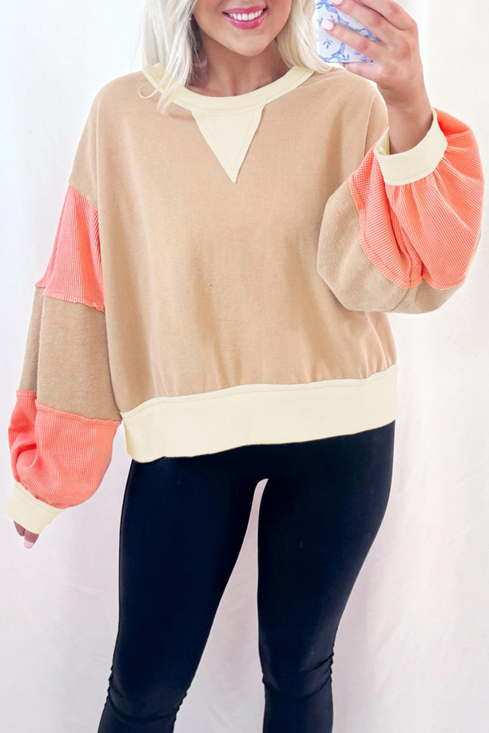 Light French Beige Color Block Textured Patchwork Pullover Sweatshirt - Image 7