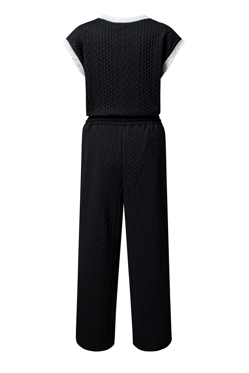 Black Cable Knit Contrast Trim Short Sleeve Top and Pants Set - Image 6
