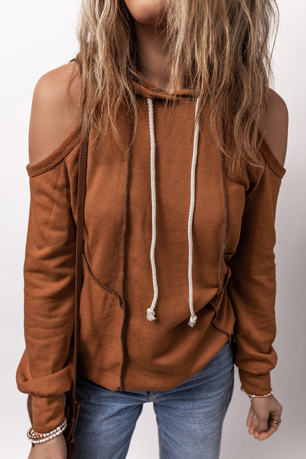 Cinnamon Exposed Seam Cold Shoulder Drawstring Hoodie - Image 5