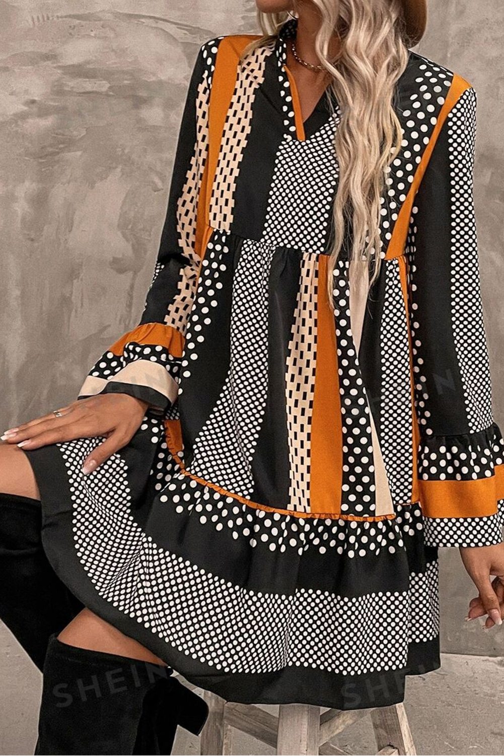 Black Striped Polka Dot Print Ruffled Hem V Neck Mini Dress - Image 5