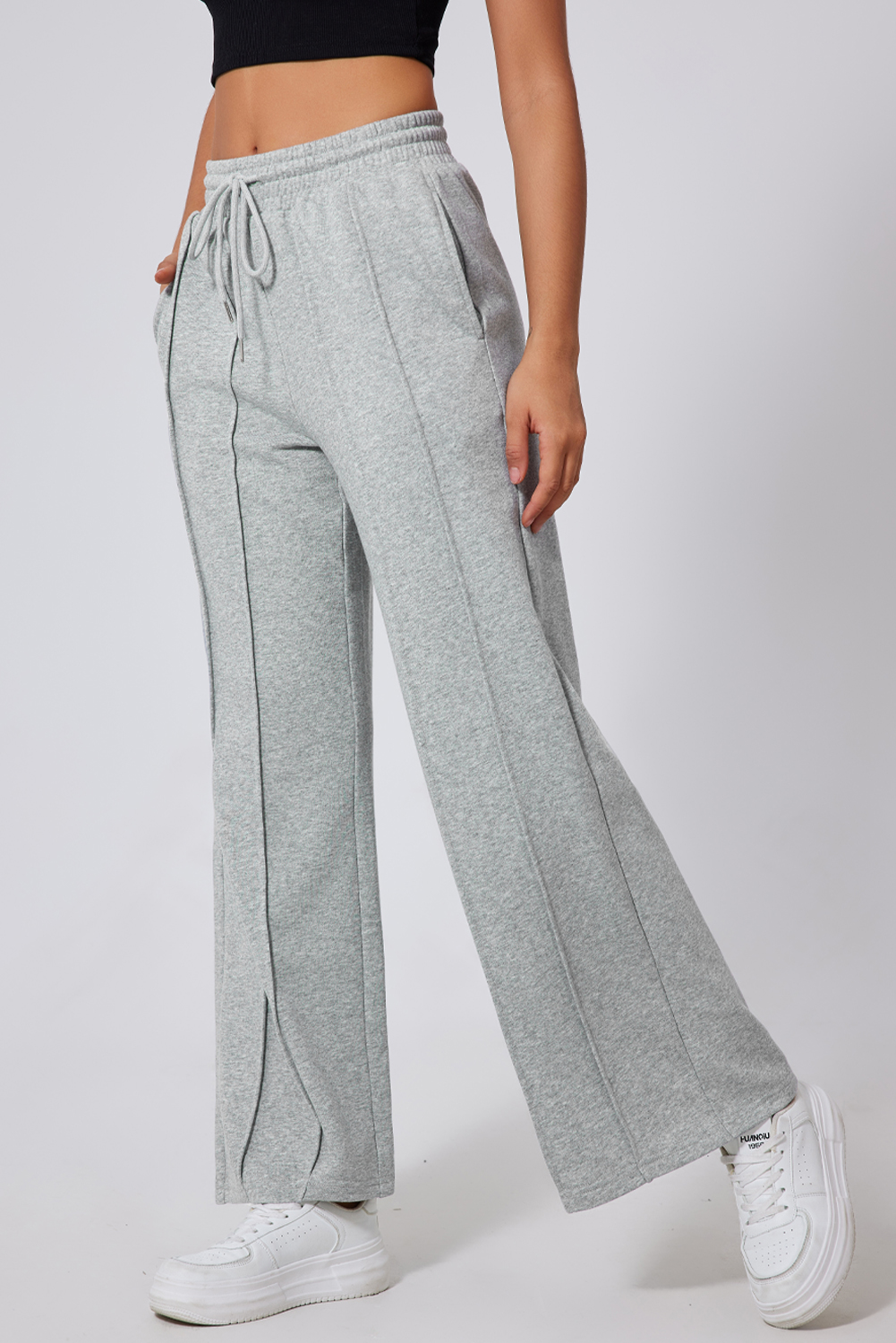 Gray Seamed Drawstring High Waist Wide Leg Sweatpants - Image 6