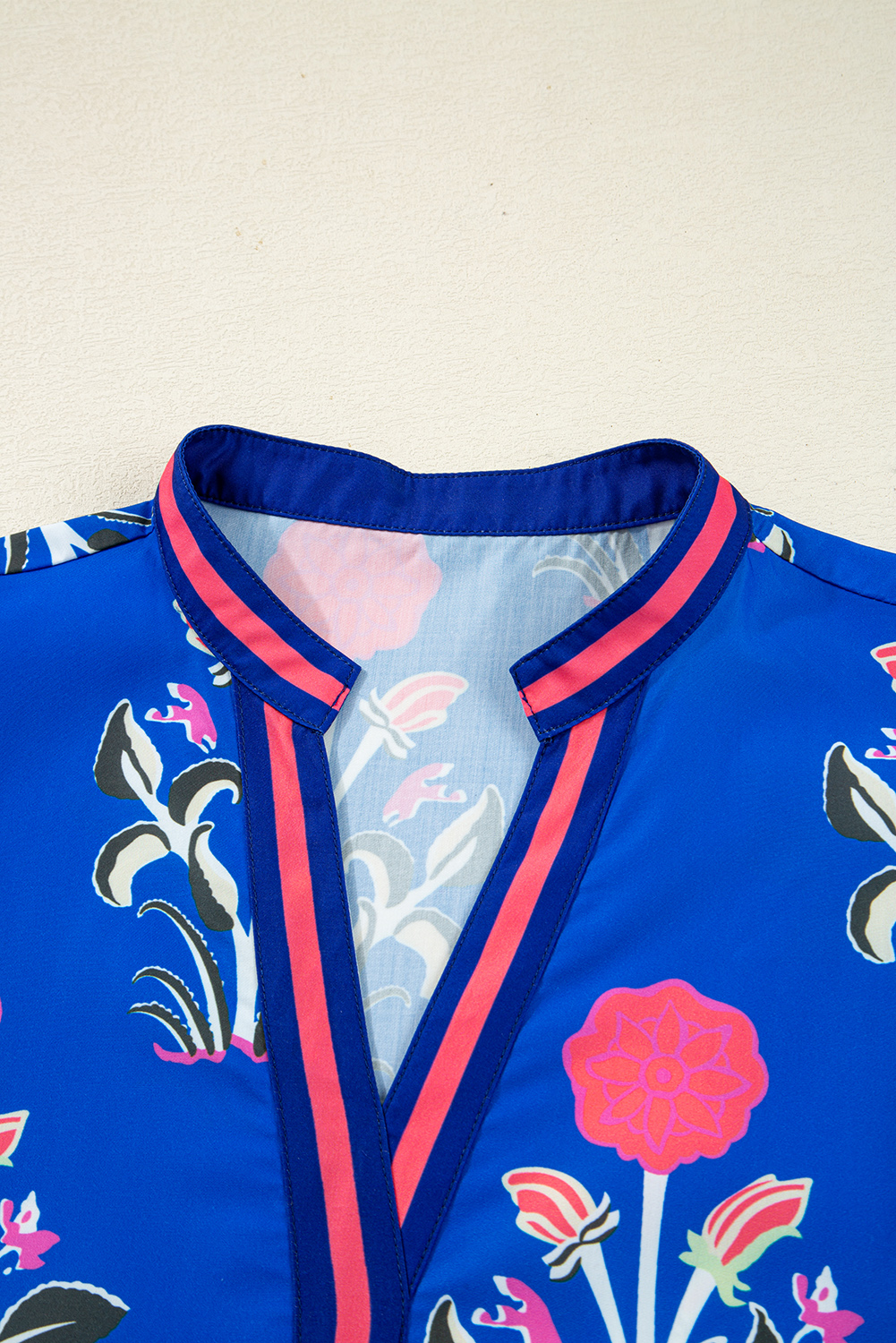 Sky Blue Floral Print Contrast Striped Trim Notched Neck Long Sleeve Dress - Image 8