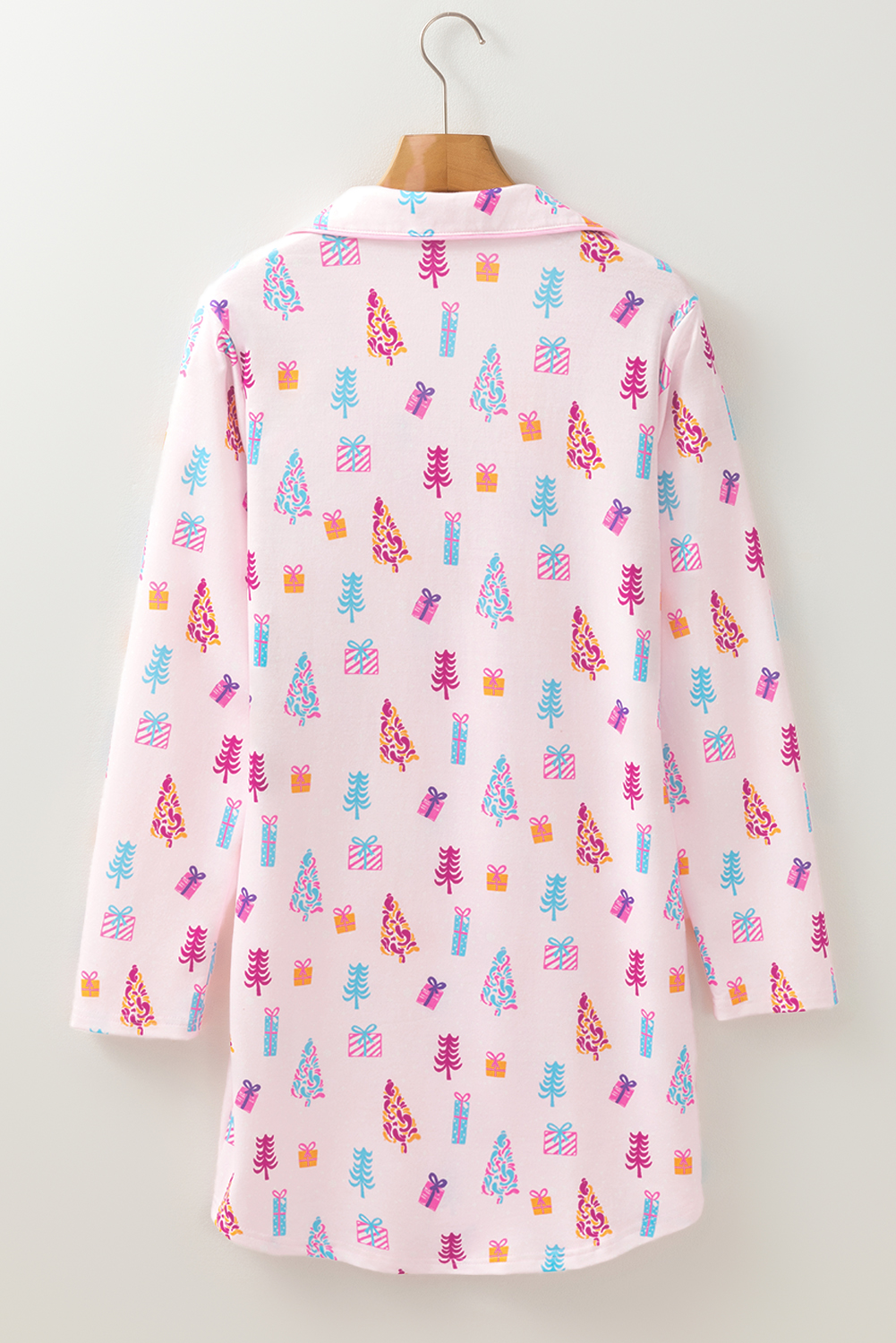 Pink Christmas Twinkle Tree Print Shirt Sleep Dress - Image 8