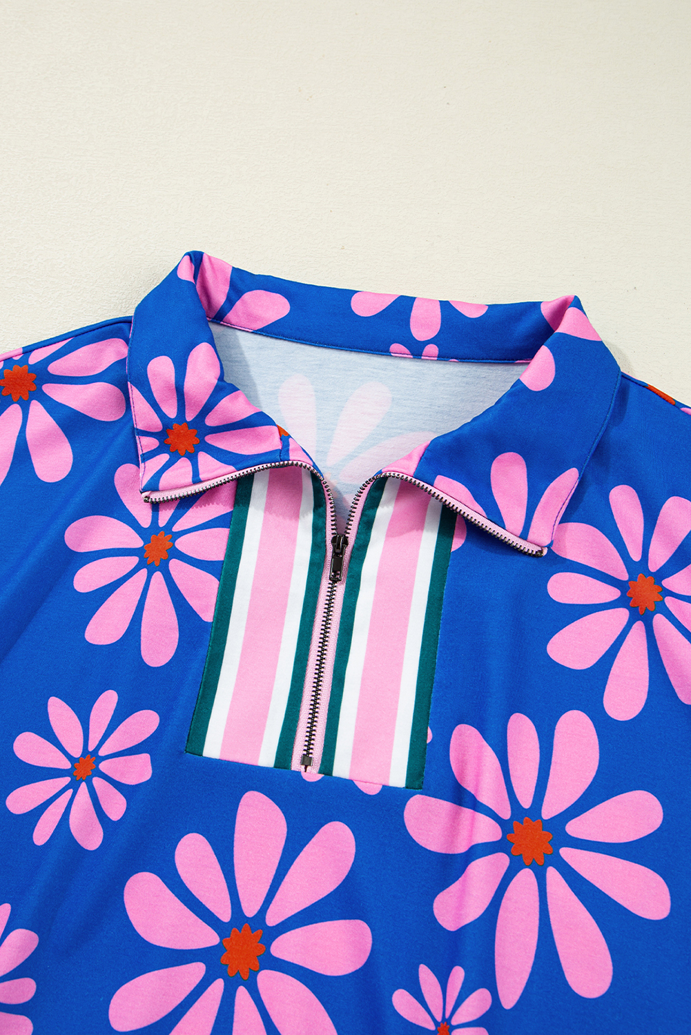 Purple Floral Striped Quarter Zip Cap Sleeve Drawstring Waist Mini Dress - Image 8