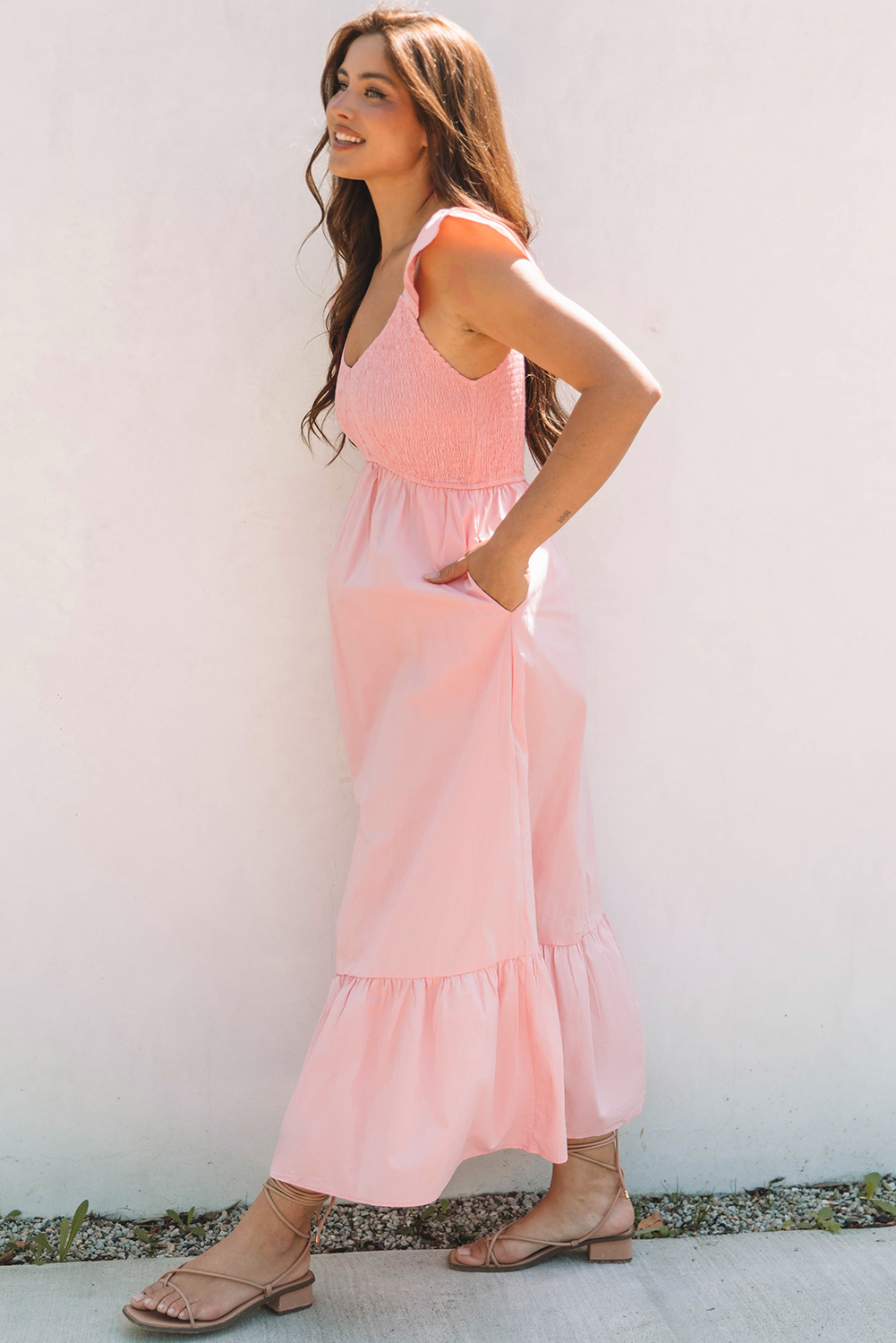 Pink V Neck Flutter Sleeve Smocked Bodice High Waist Ruffle Maxi Dress - Image 3