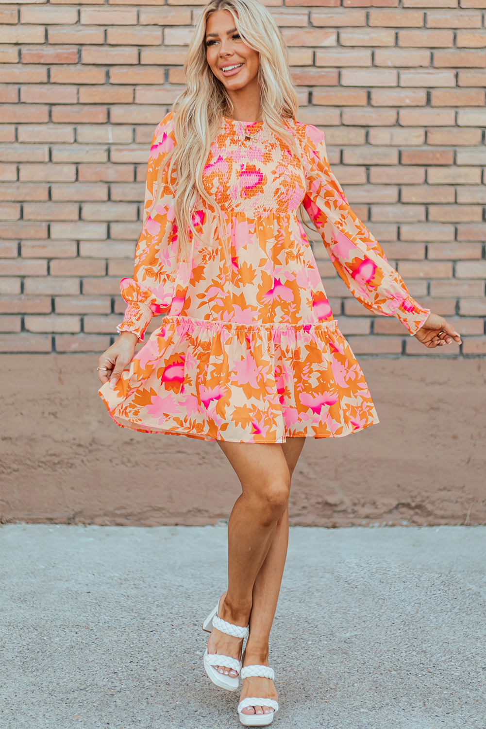 Orange Abstract Print Smocked Lantern Sleeve Ruffle Mini Dress - Image 7