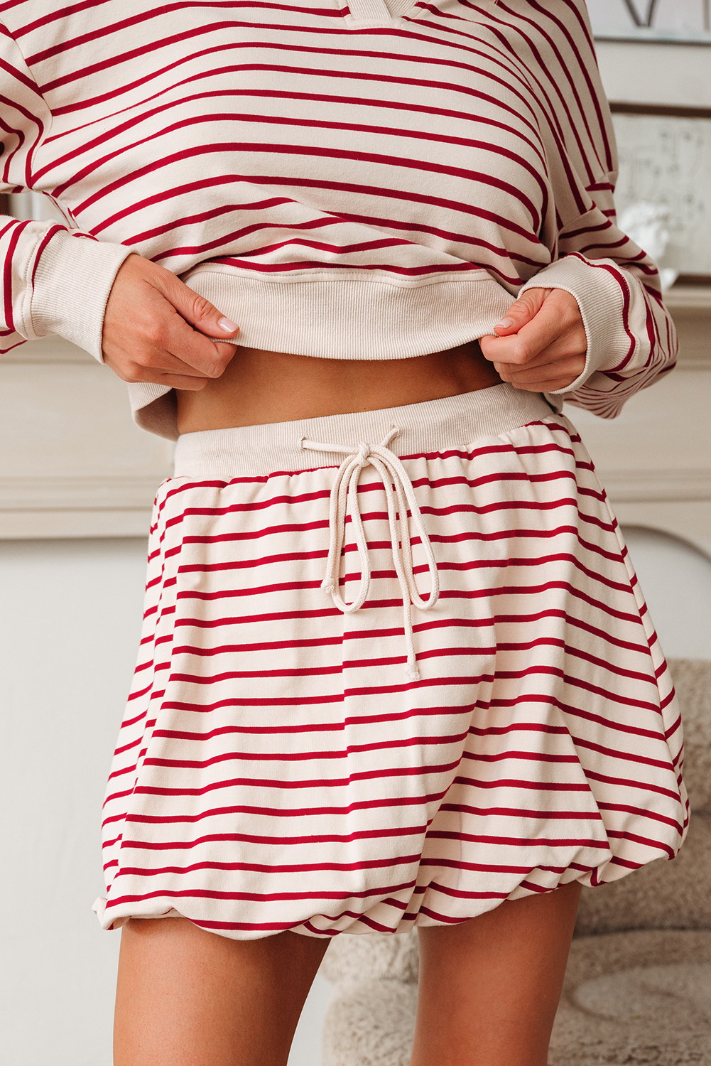Red Stripe Cropped Collared Drop Shoulder Pullover and Bubble Mini Skirt Set - Image 5