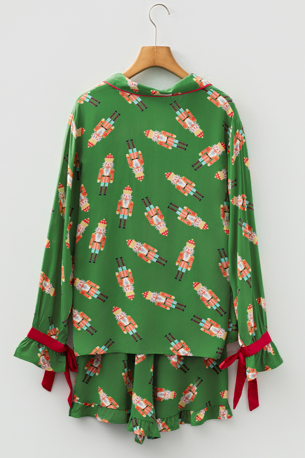 Green Christmas Candy Contrast Trim Bow Knot Silky 2pcs Pajama Set - Image 6