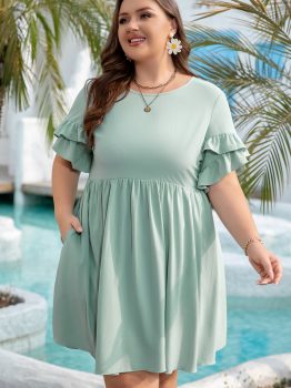Grass Green Ruffle Trim Short Sleeve Plus Size Flared Mini Dress