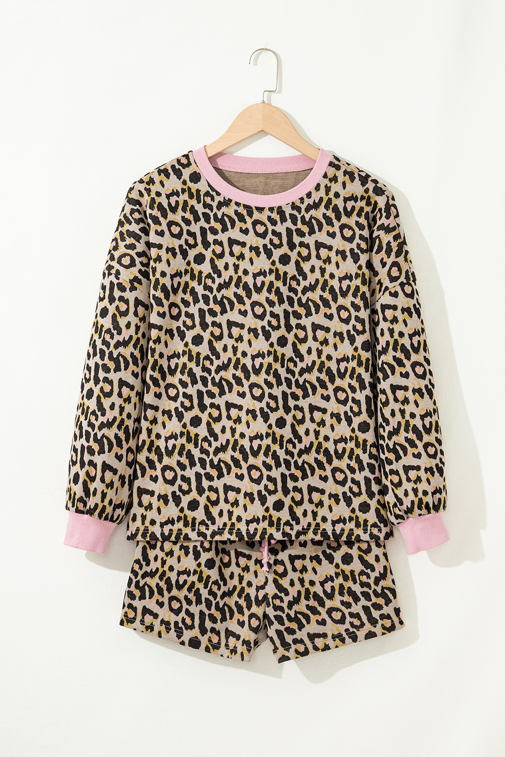 Pink Leopard Print Contrast Edge Long Sleeve Pullover Shorts Set - Image 5
