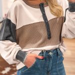 Jet Stream Color Block Waffled Patchwork Loose Henley Top