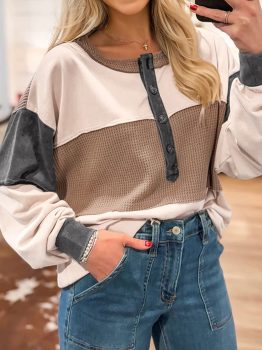 Jet Stream Color Block Waffled Patchwork Loose Henley Top