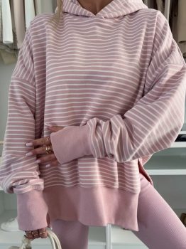 Purple Stripe Thumbhole Side Slits Drop Shoulder Loose Fit Hoodie