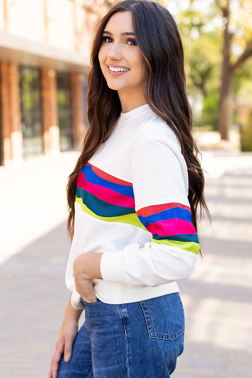 White Colorful Striped Accent Long Sleeve T Shirt - Image 4