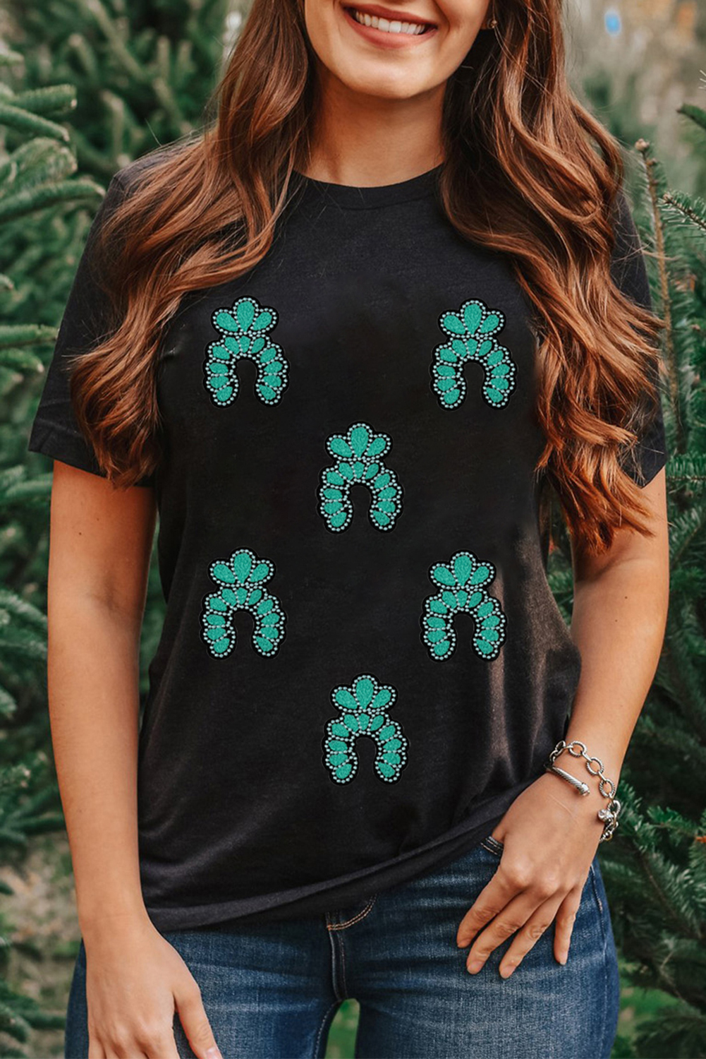 Black Western Turquoise Pattern Sequin Patched T Shirt - Image 3