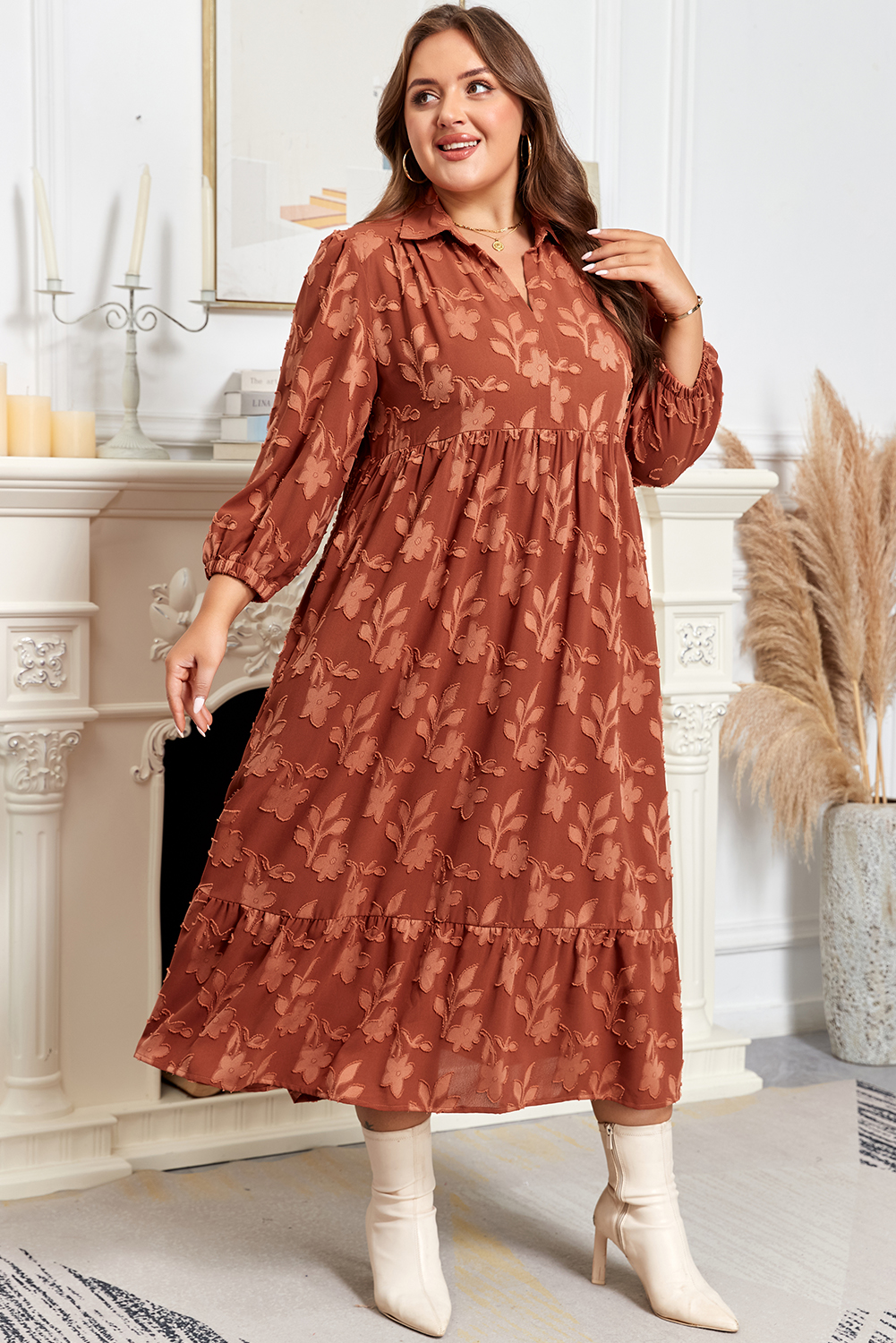 Cinnamon Plus Size Textured 3D Flower Pattern Ruffle Hem 3/4 Sleeve Long Dress - Image 3