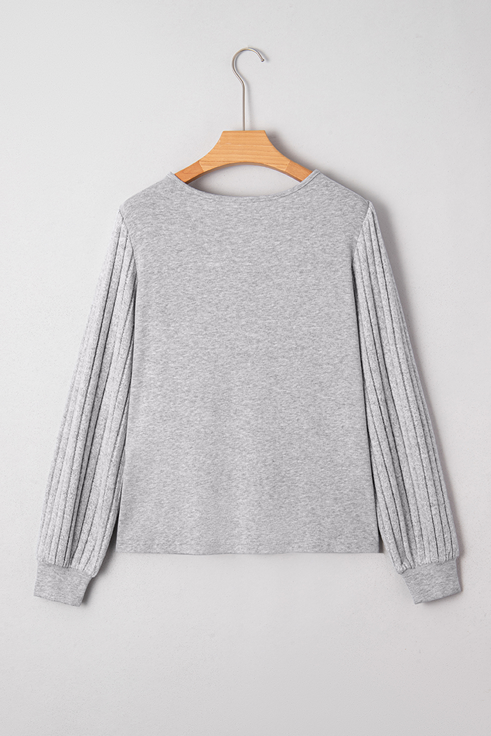 Gray Hollowed Lace Ribbed Knit Long Sleeve Patchwork Top - Image 4