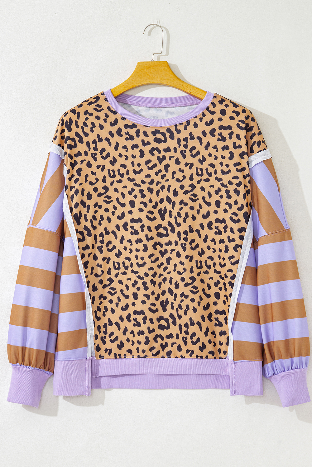 Purple Leopard Striped Patchwork Plus Size Loose Sweatshirt - Image 3