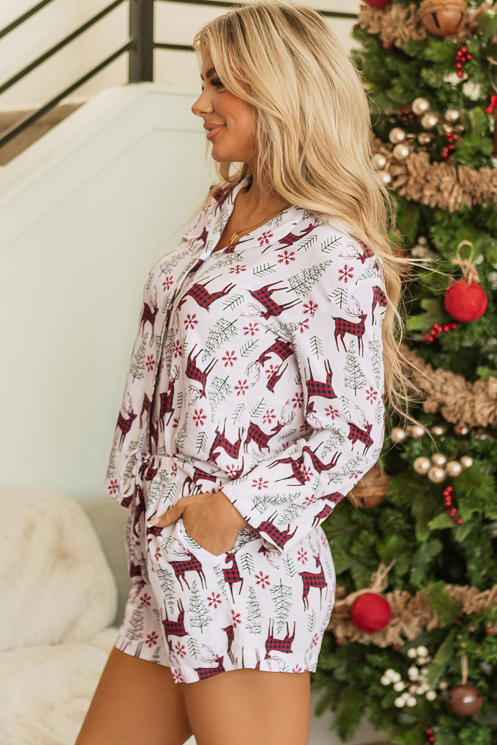 White Christmas Deer Printed Shirt and Shorts Lounge Set - Image 3