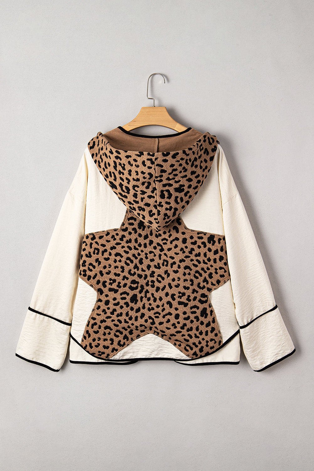 Brown Leopard Star Hooded Patchwork Contrast Piping Open Front Jacket - Image 5