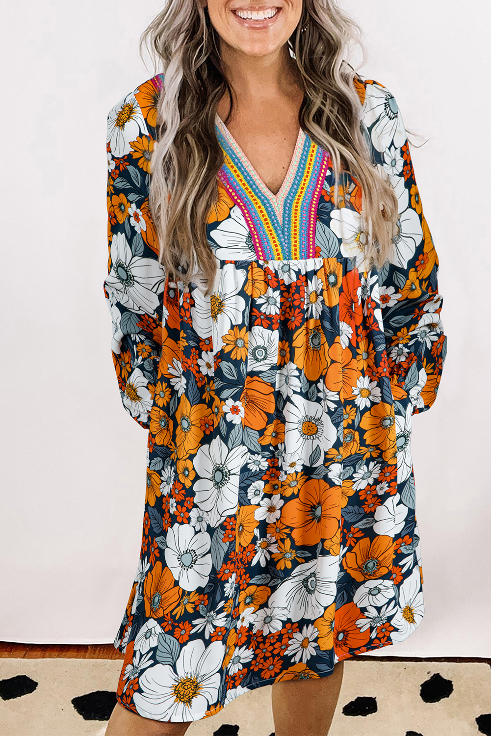 Orange Floral Print Striped Lace V Neck Long Sleeve Mini Dress - Image 2