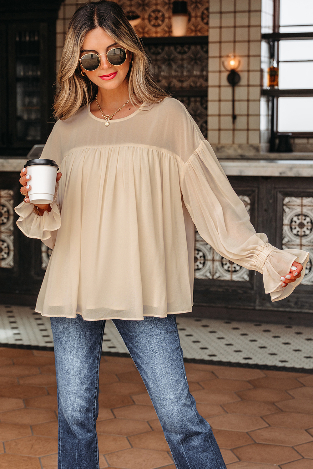 Parchment Pleated Ruffle Long Sleeve Chiffon Blouse - Image 6