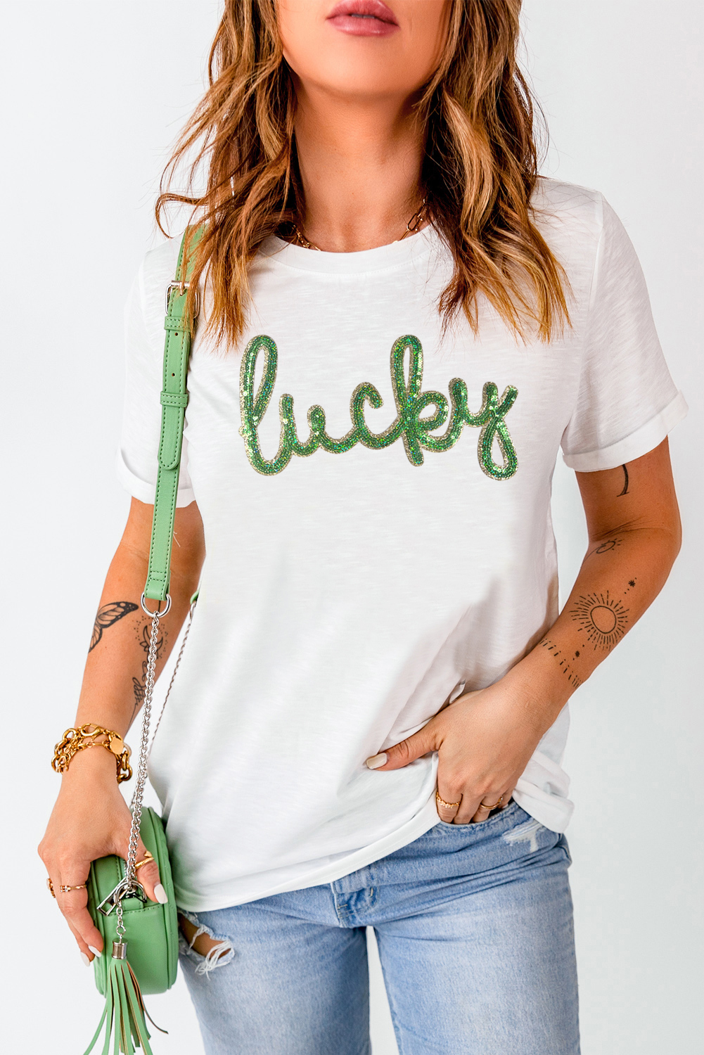 White Sequined Lucky St.Patricks Day Graphic Tee - Image 3