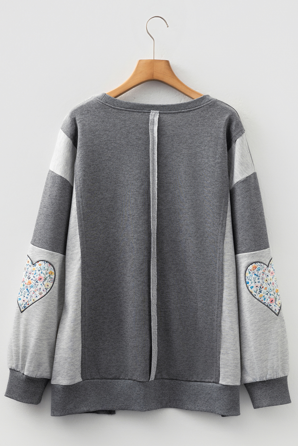 Dark Grey LOVE Graphic Exposed Seam Patchwork Uneven Hem Chic Sweatshirt - Image 2