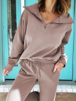 Goat Zip Collar Long Sleeve Top Drawstring Pants Set