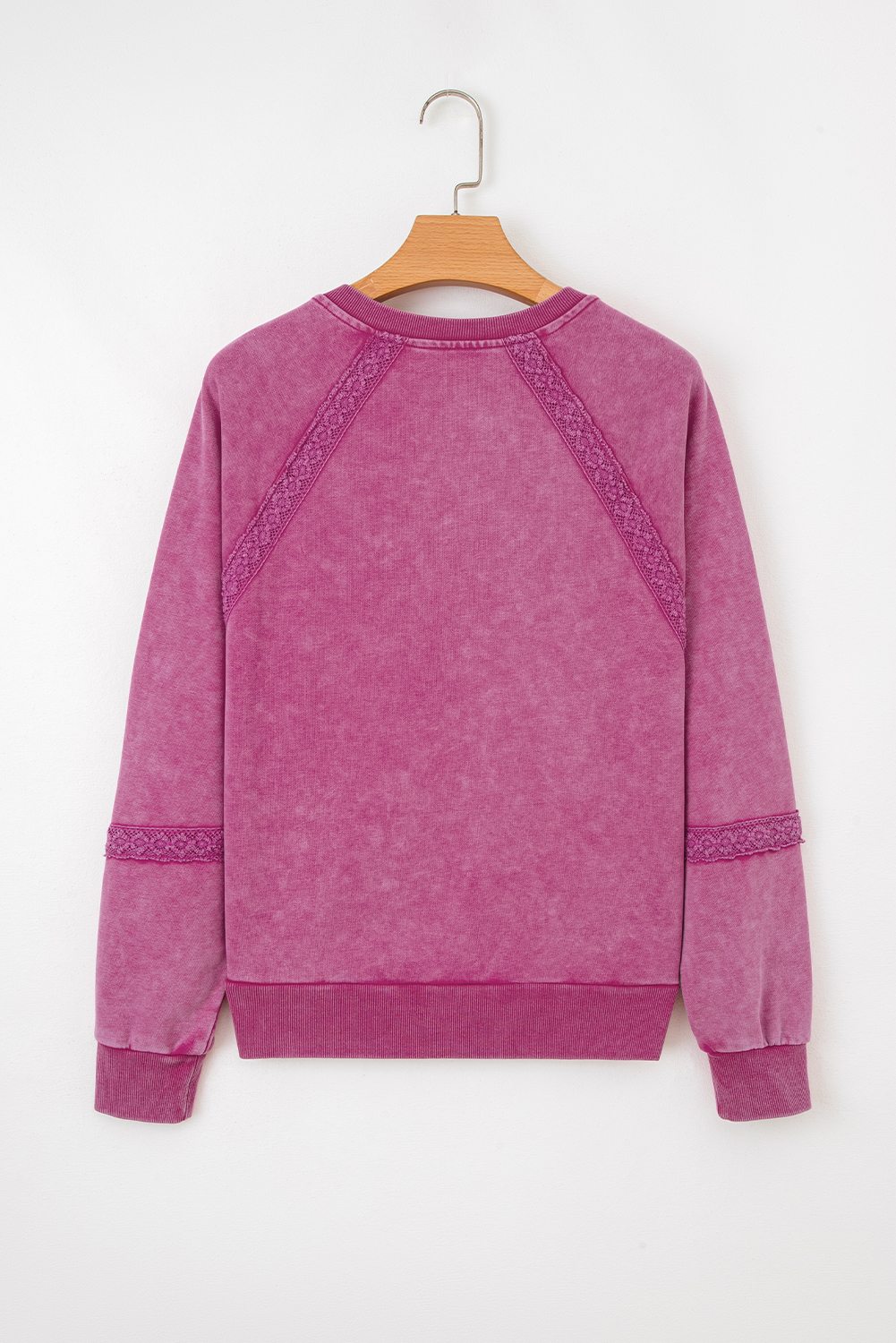 Rose Red Lace Patchwork Detail Notched Neck Mineral Wash Baggy Sweatshirt - Image 3
