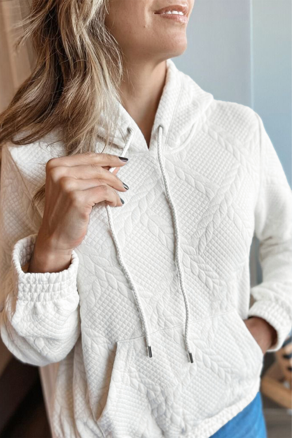 White Cable Lattice Texture Kangaroo Pocket Hoodie - Image 8