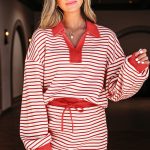 Red Stripe Collared V Neck Drop Shoulder Pullover and Skort 2pcs Outfit