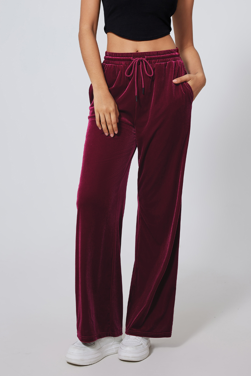 Burgundy Solid Drawstring Waist Wide Leg Pants - Image 3