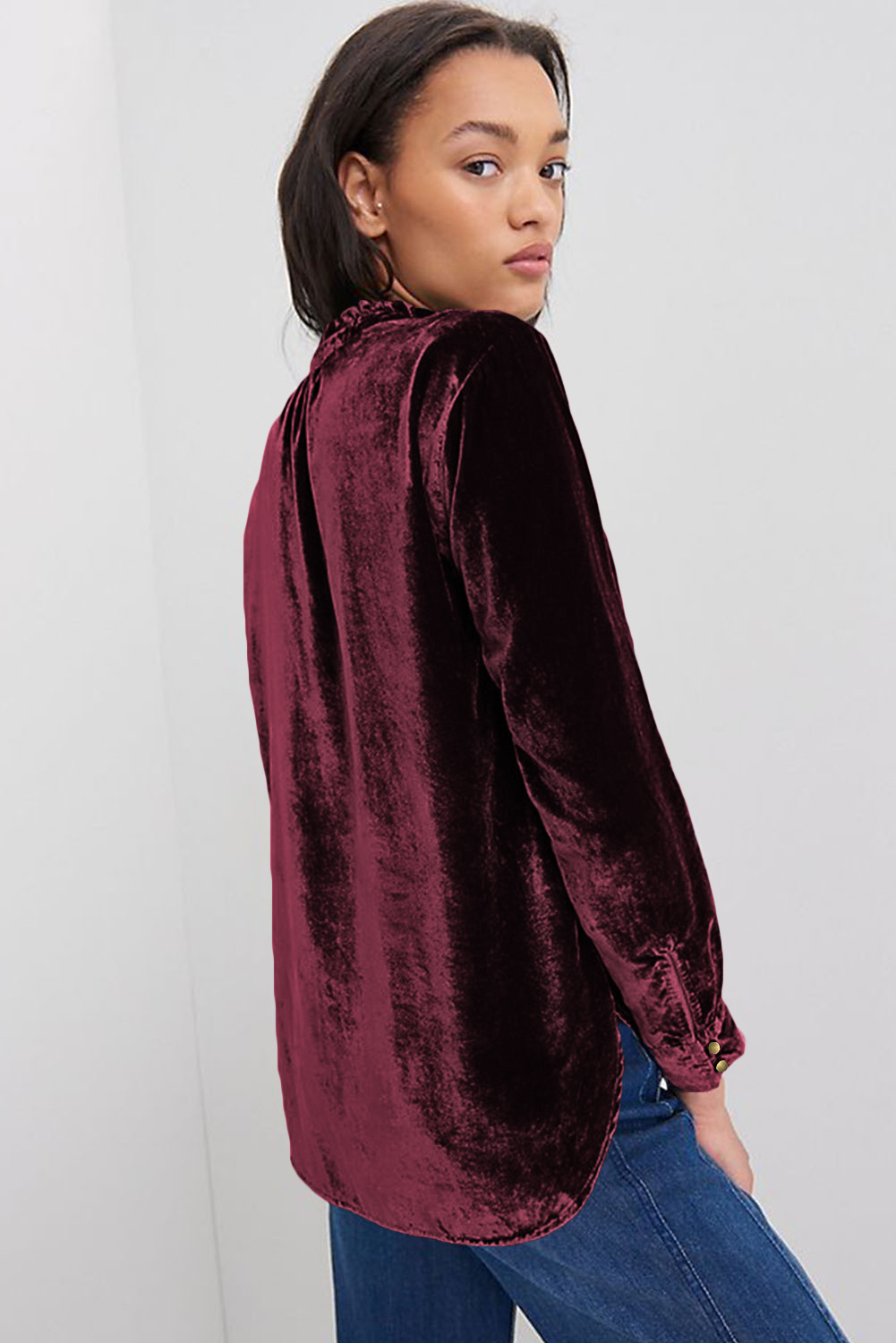 Burgundy Frilled Neck Buttoned Front Velvet Top - Image 2