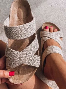 Beige Woven Cross Criss Hollowed Slip-On Slippers