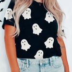 Black Sequin Halloween Ghost Patched Casual T Shirt