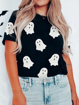 Black Sequin Halloween Ghost Patched Casual T Shirt