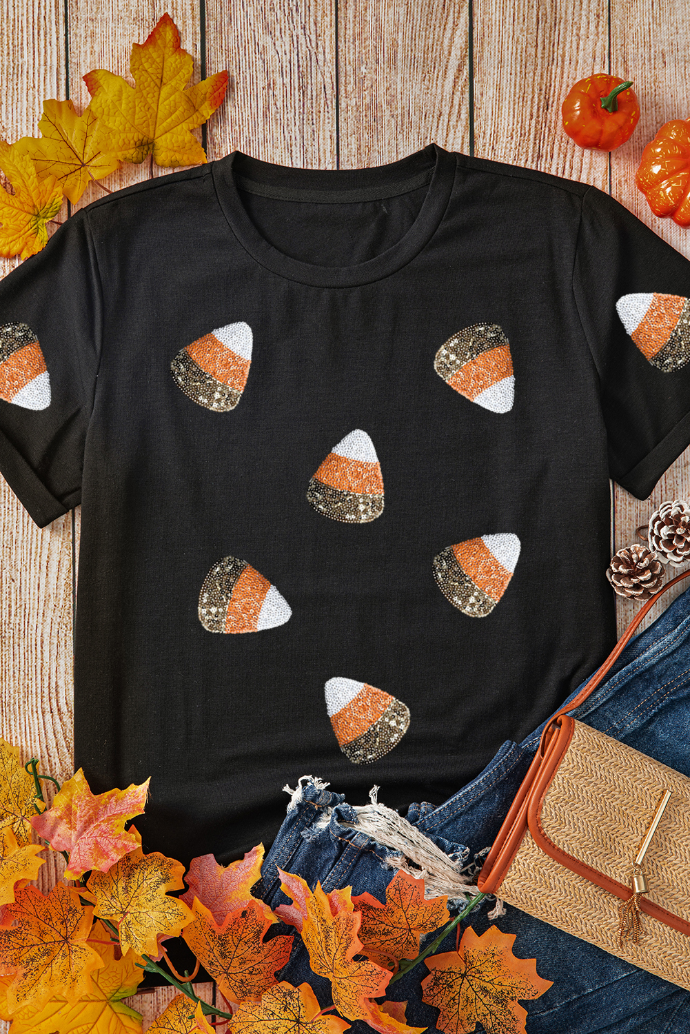 Black Sequin Candy Patched Pattern Halloween T Shirt - Image 4