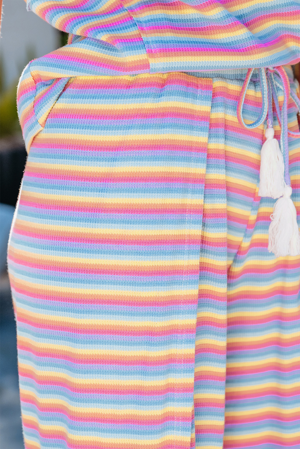 Pink Stripe Rainbow Tee Tasseled String Wide Leg Pants Set - Image 8