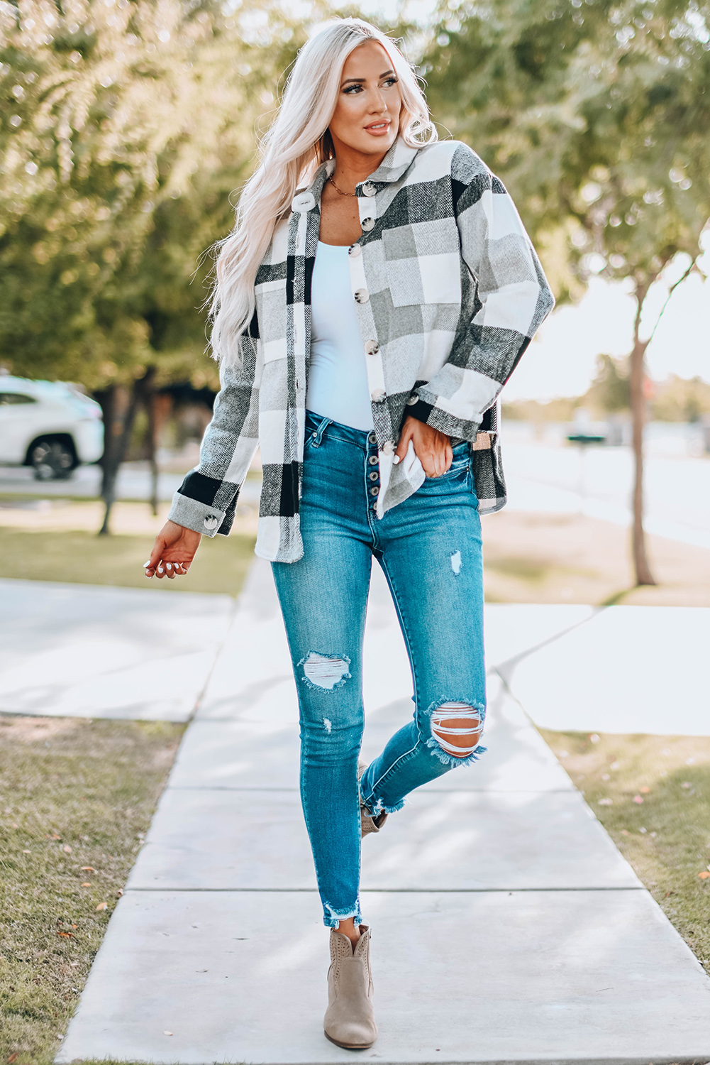 Gray Plaid Color Block Buttoned Long Sleeve Jacket with Pocket - Image 7