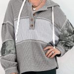 Gray Waffle Printed Patchwork Drawstring Hooded Long Sleeve Top